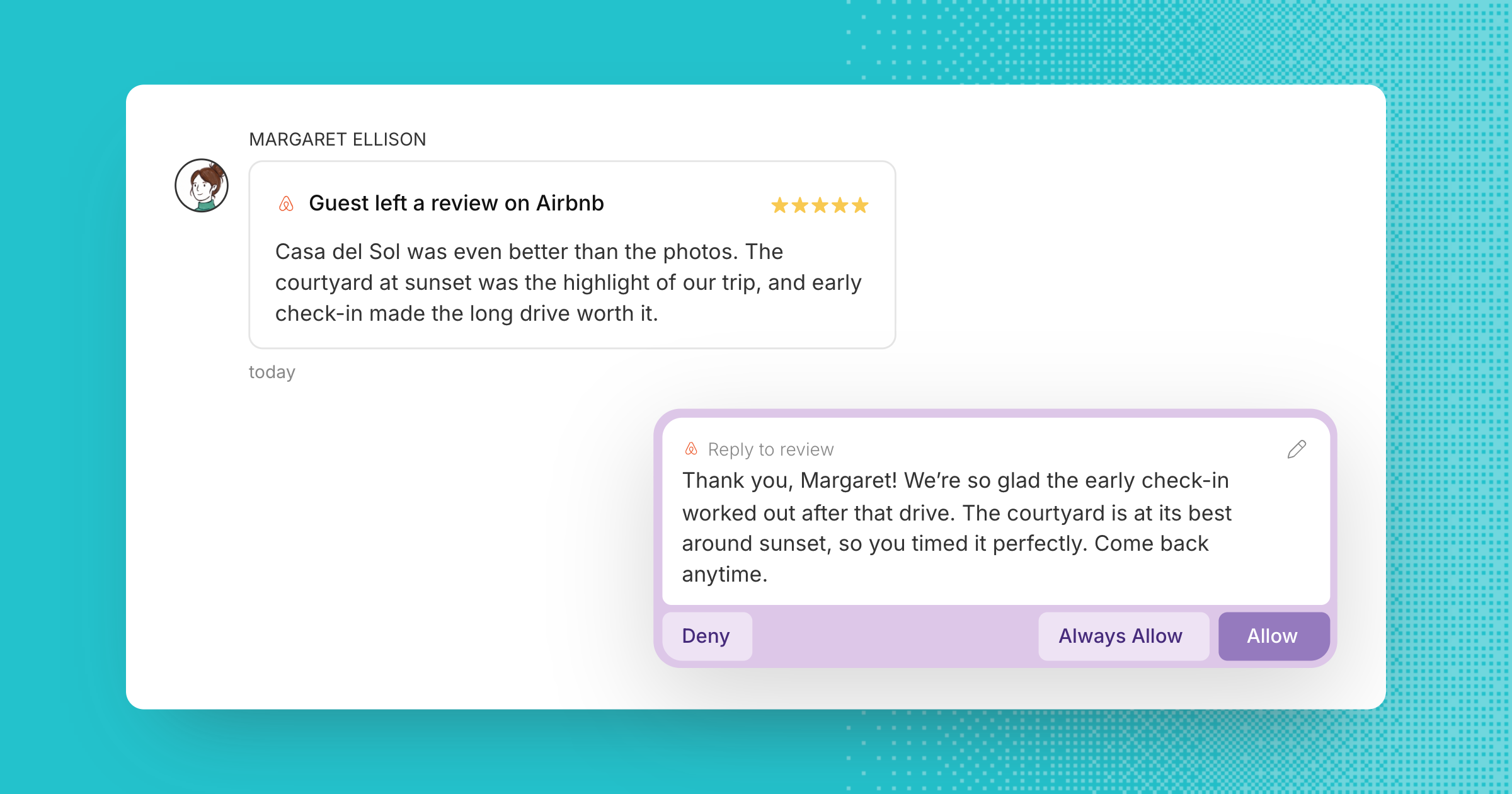 Akia drafting a reply to an Airbnb review inside the guest's conversation