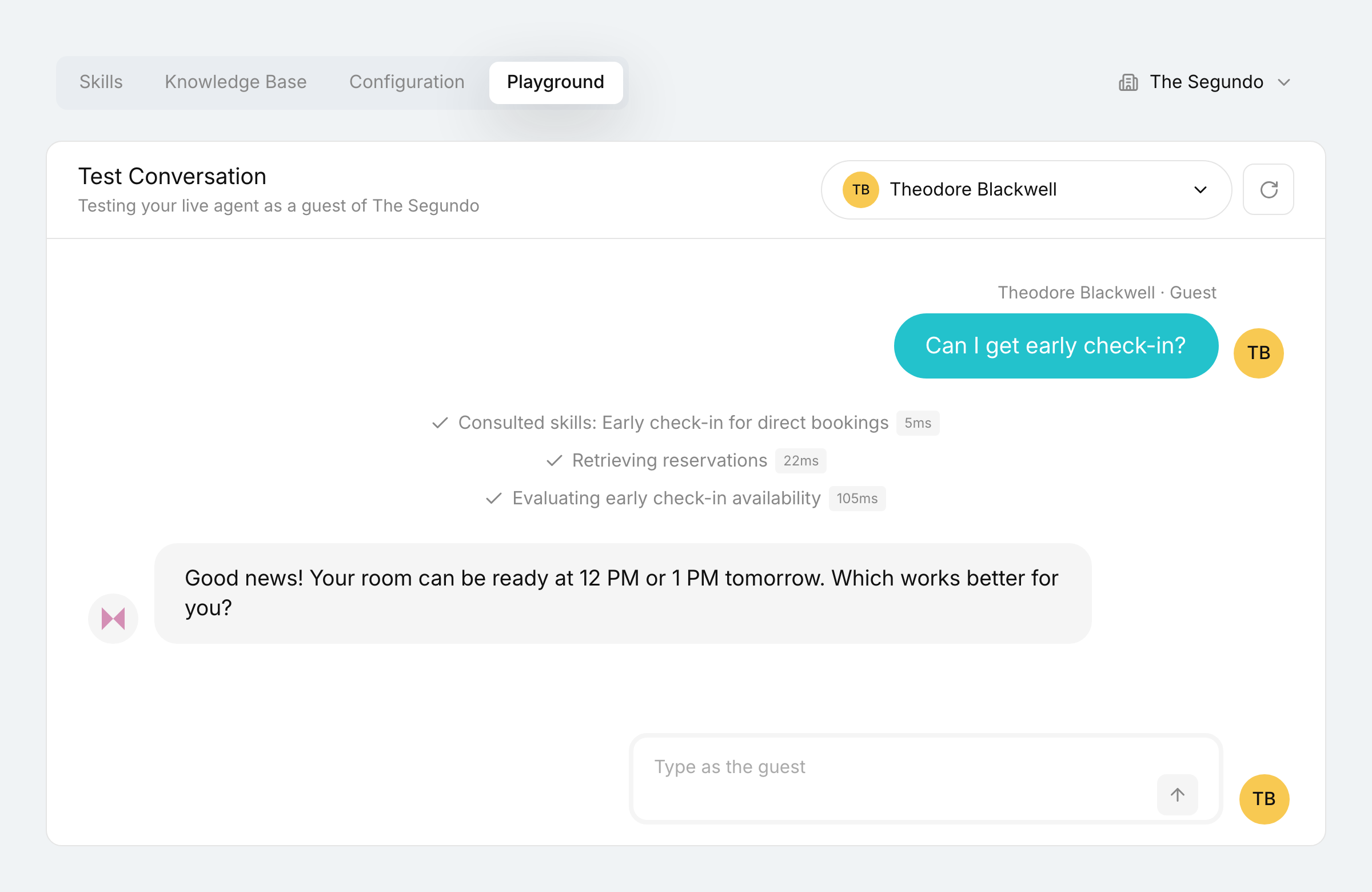 Akia answering an early check-in request after checking the property's Skill, the reservation, and availability