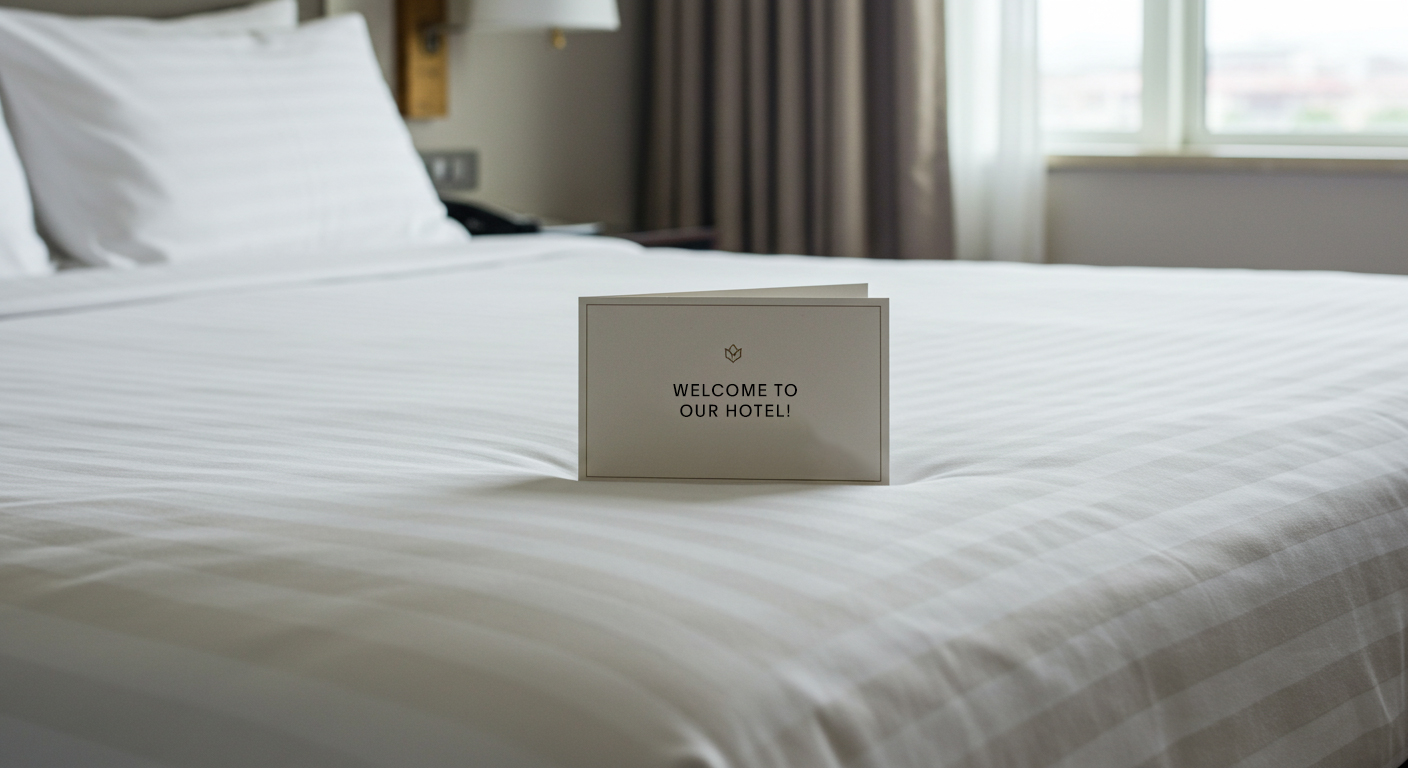 Printed welcome card standing on a freshly made hotel bed