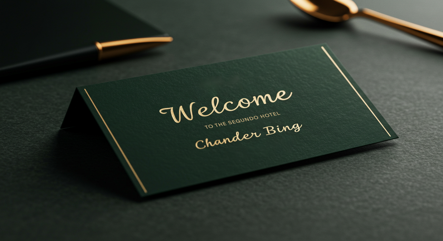 Gold-embossed personalized welcome card addressed to a guest of the hotel