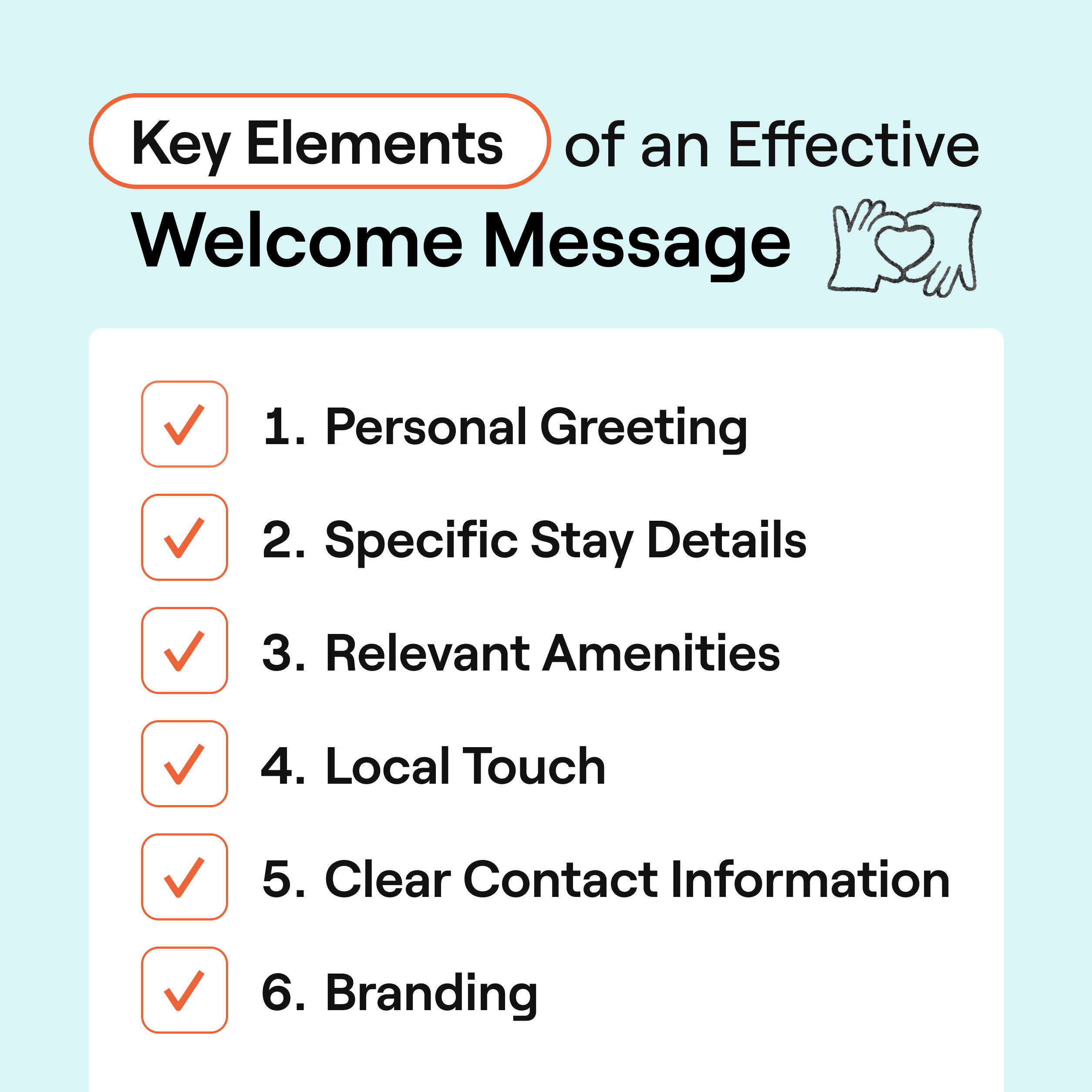 Checklist of the six key elements of an effective hotel welcome message