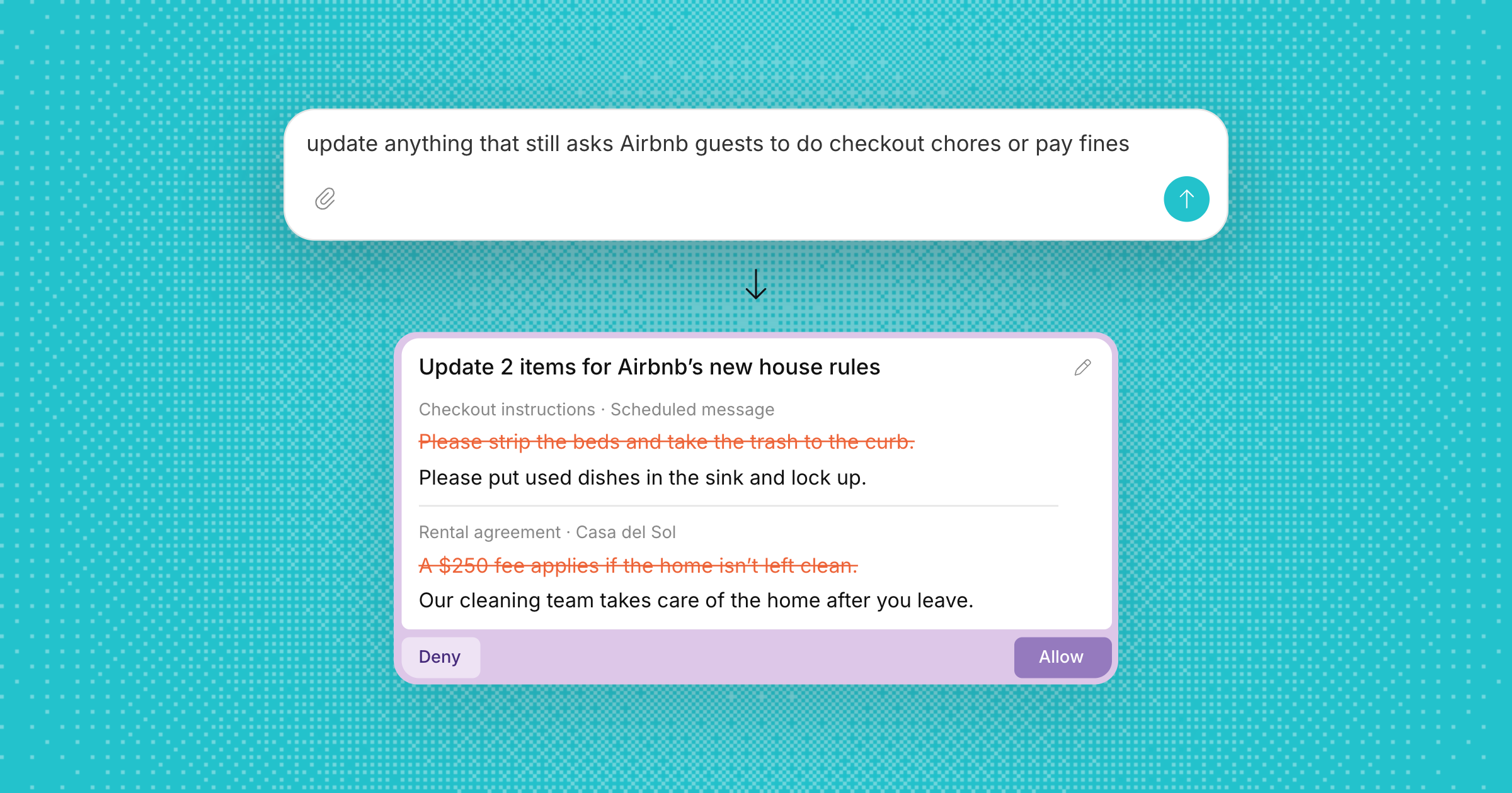 Ask Akia proposing edits that remove old checkout chores and fines from a scheduled message and a rental agreement