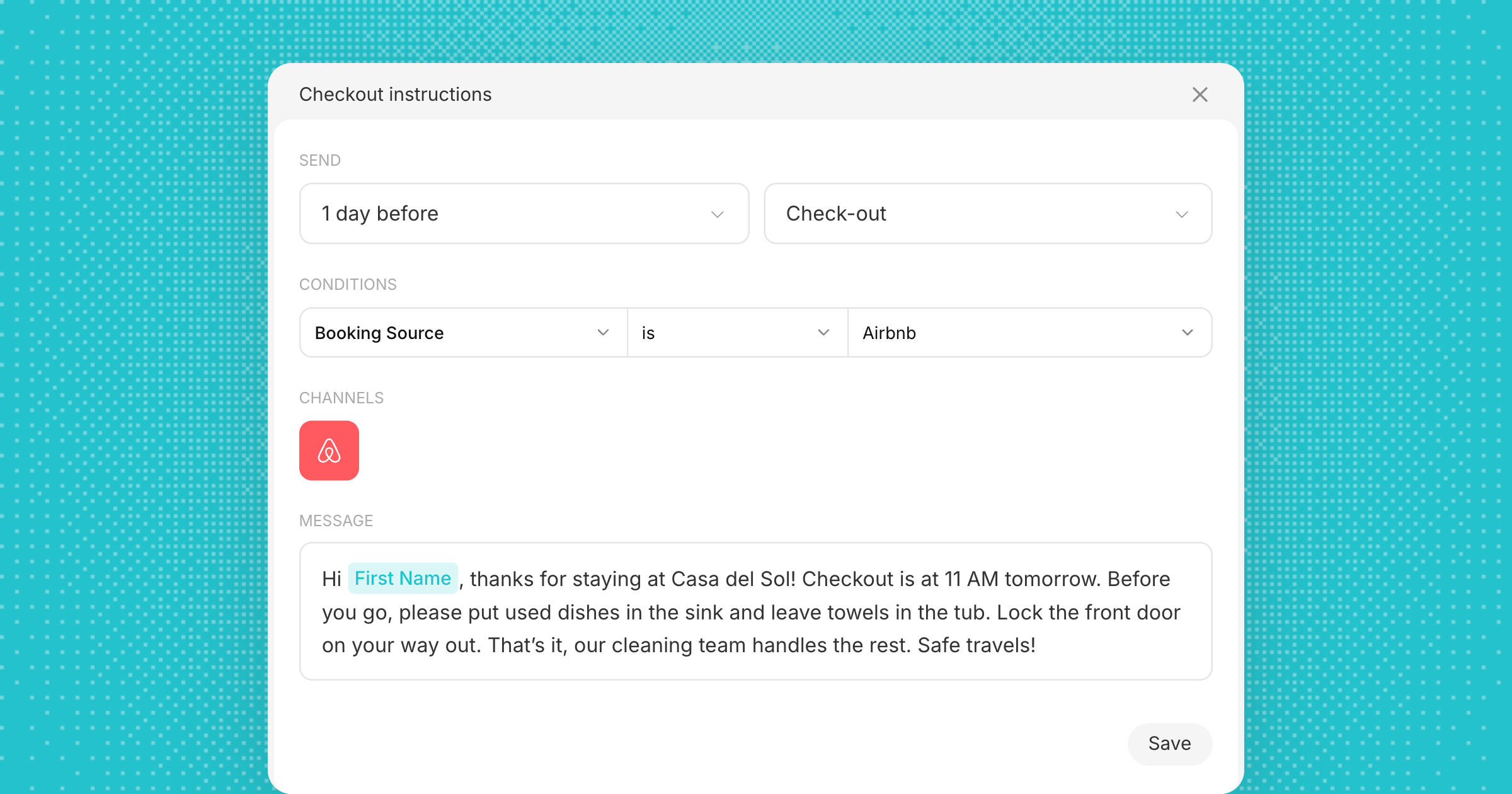 A checkout instructions message scheduled to send Airbnb guests the day before checkout