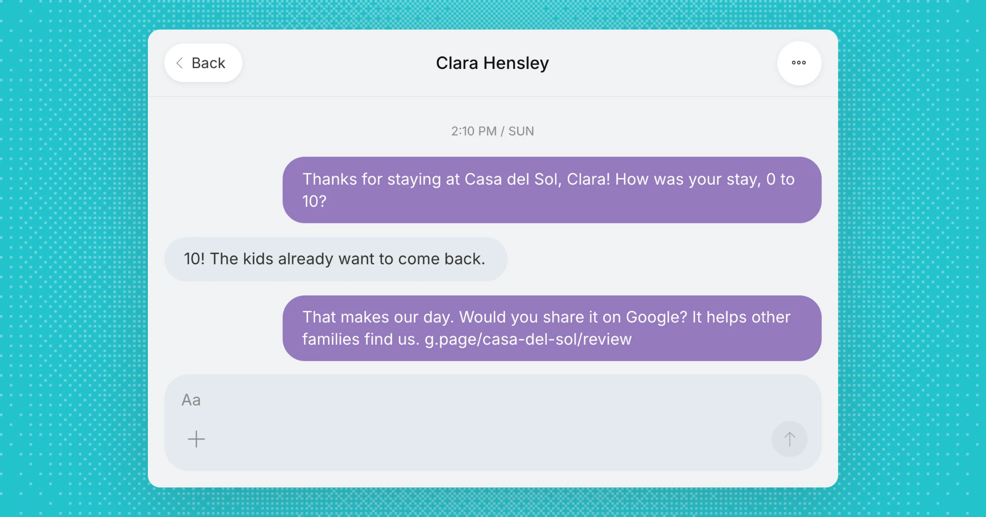 A post-stay rating question sent in the guest's message thread, followed by a link to leave a Google review