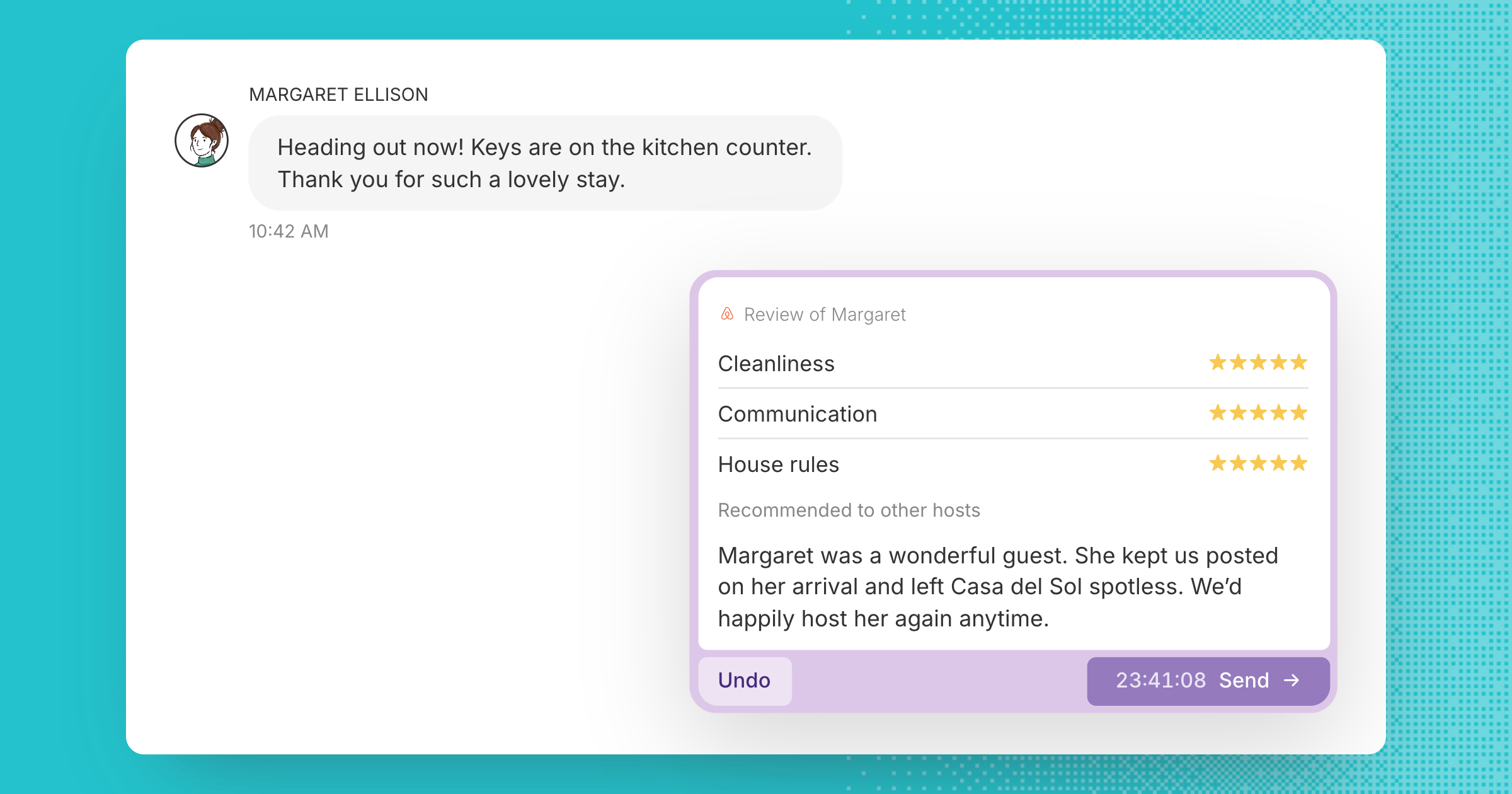 A drafted guest review counting down to post, with Undo and Send buttons