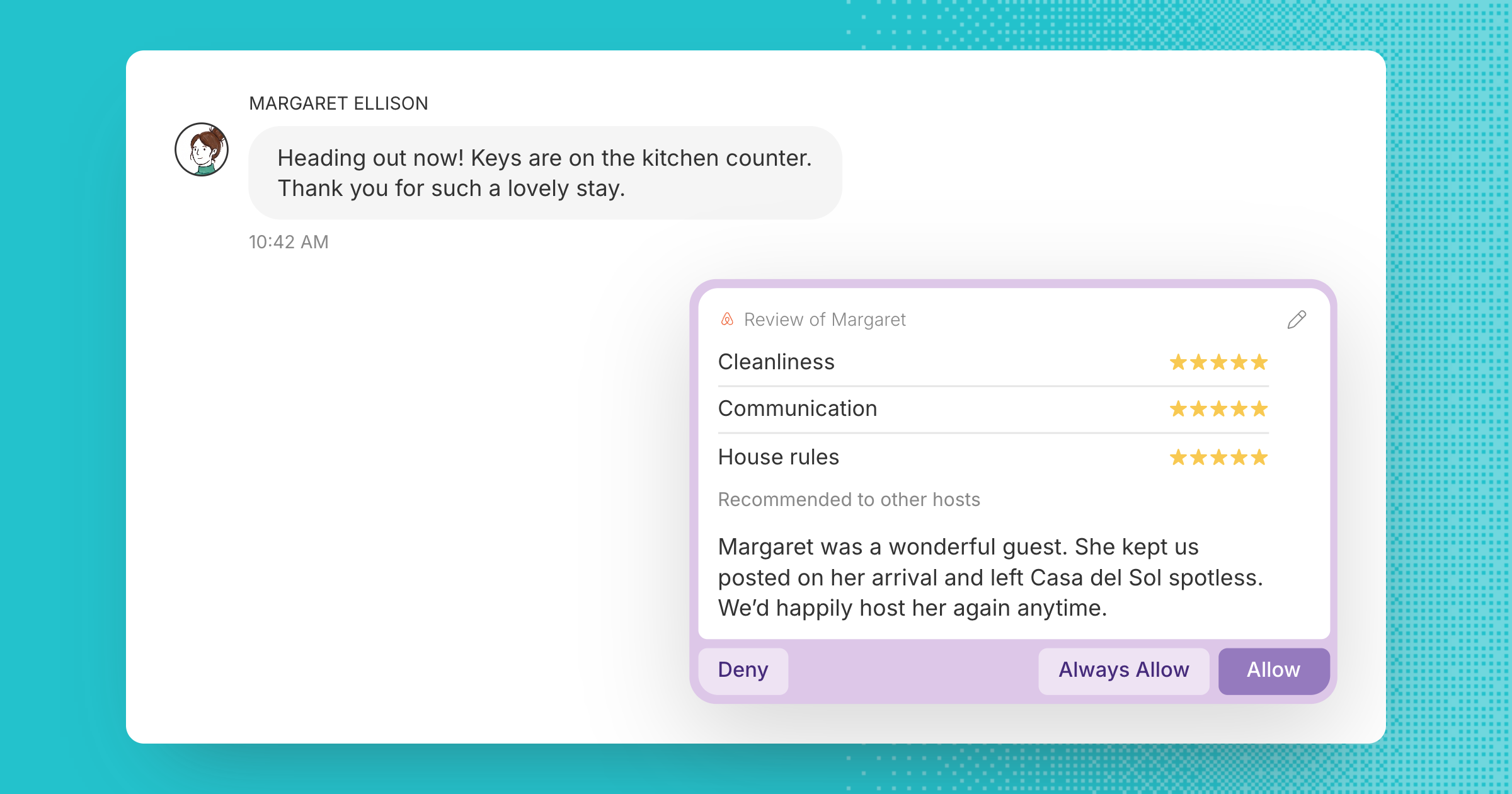Akia's drafted Airbnb review of a guest: three category ratings, a recommendation and a public review, with Deny and Allow buttons
