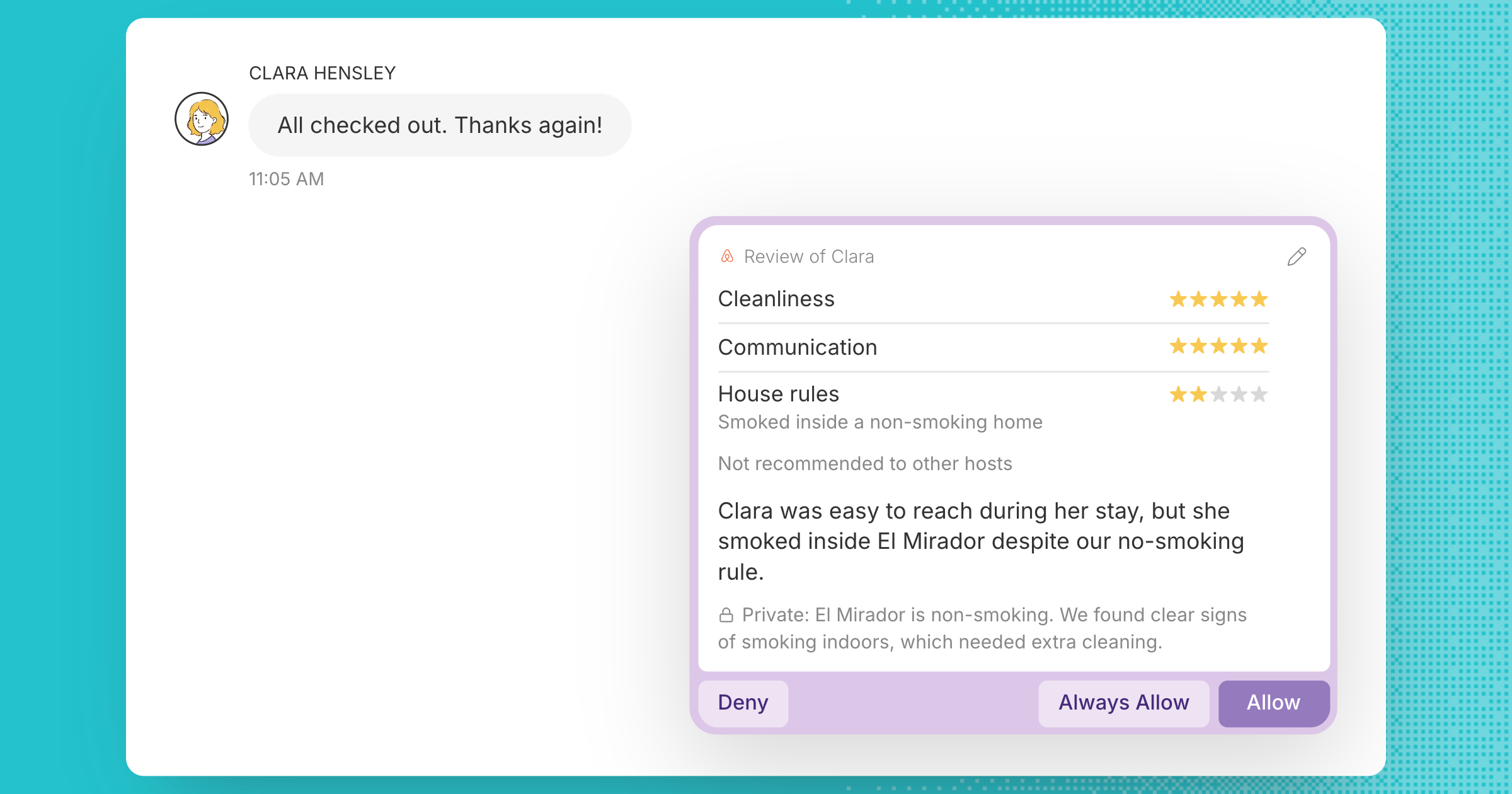 A drafted guest review with House rules at two stars for smoking inside a non-smoking home, not recommended to other hosts, with private feedback for the guest