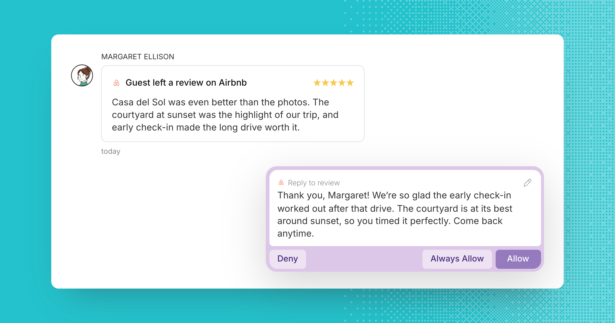 A guest's five-star Airbnb review in her conversation, with Akia's drafted reply waiting to send
