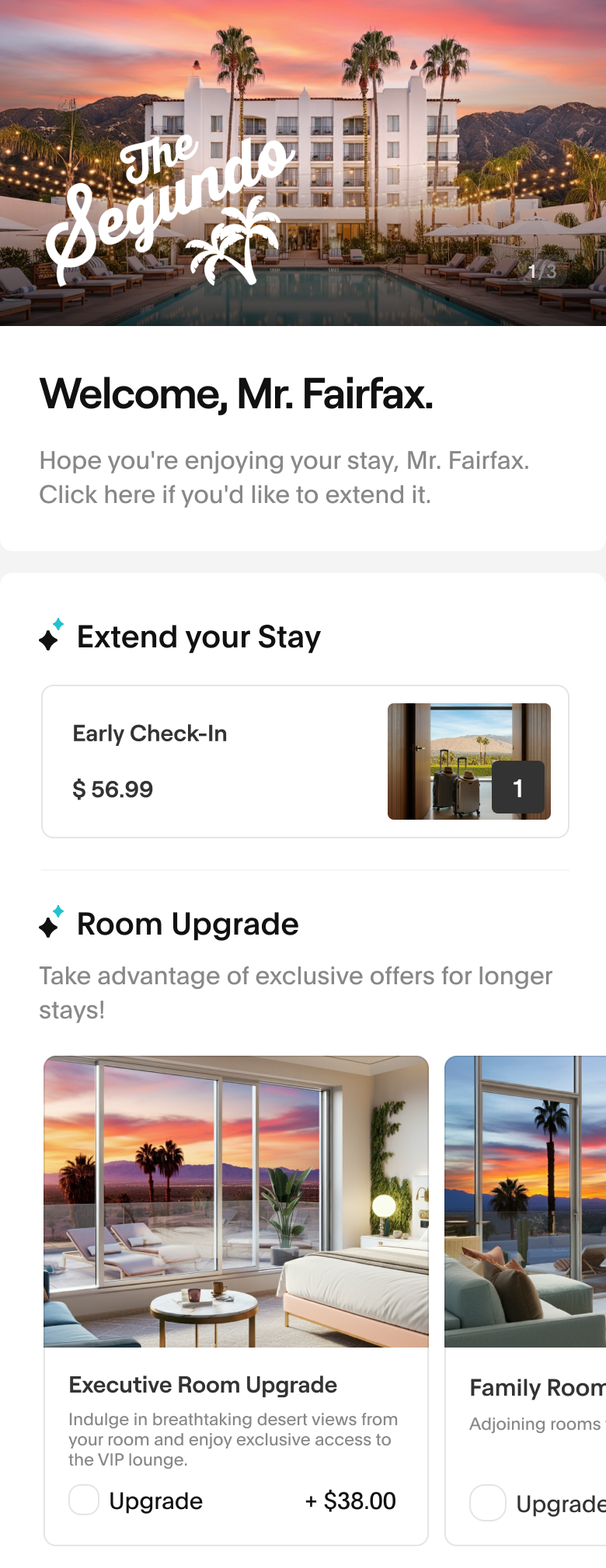 Upsell Mini App showing early check-in and room upgrades